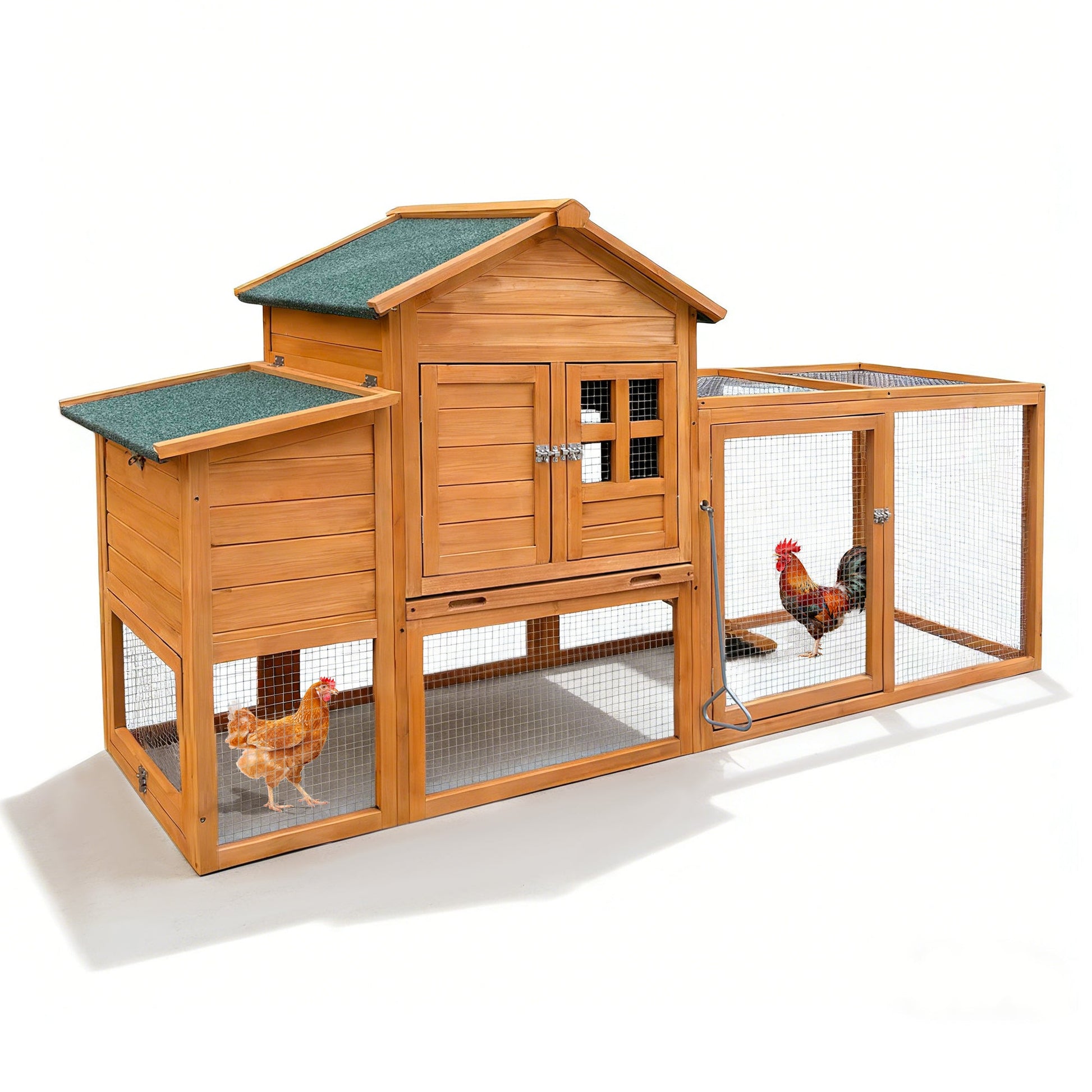 80-inch wooden chicken coop with nest box, green roof panels, and wire-mesh run on Tampa Home & Garden Store