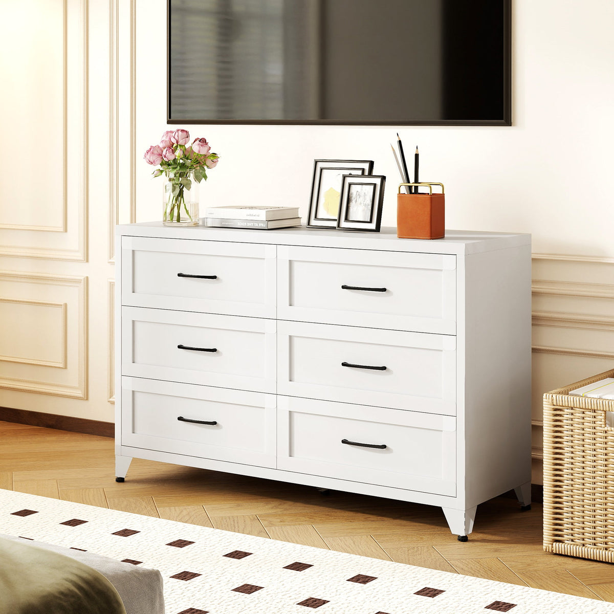 6 Drawer Dresser for Bedroom white finish with black handles by HouseOfZazla on Tampa Home & Garden Store