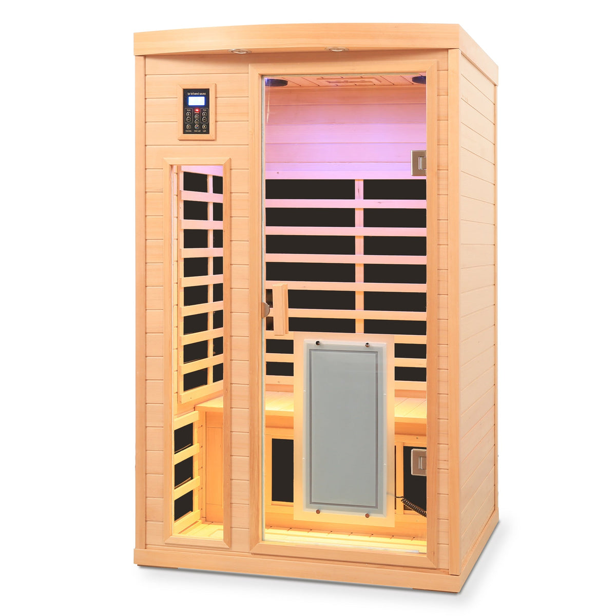 Two-person Hemlock wood infrared sauna with Bluetooth in a natural finish on Tampa Home & Garden Store