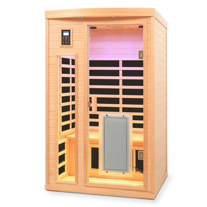 Two-person Hemlock wood infrared sauna with Bluetooth in a natural finish on Tampa Home & Garden Store