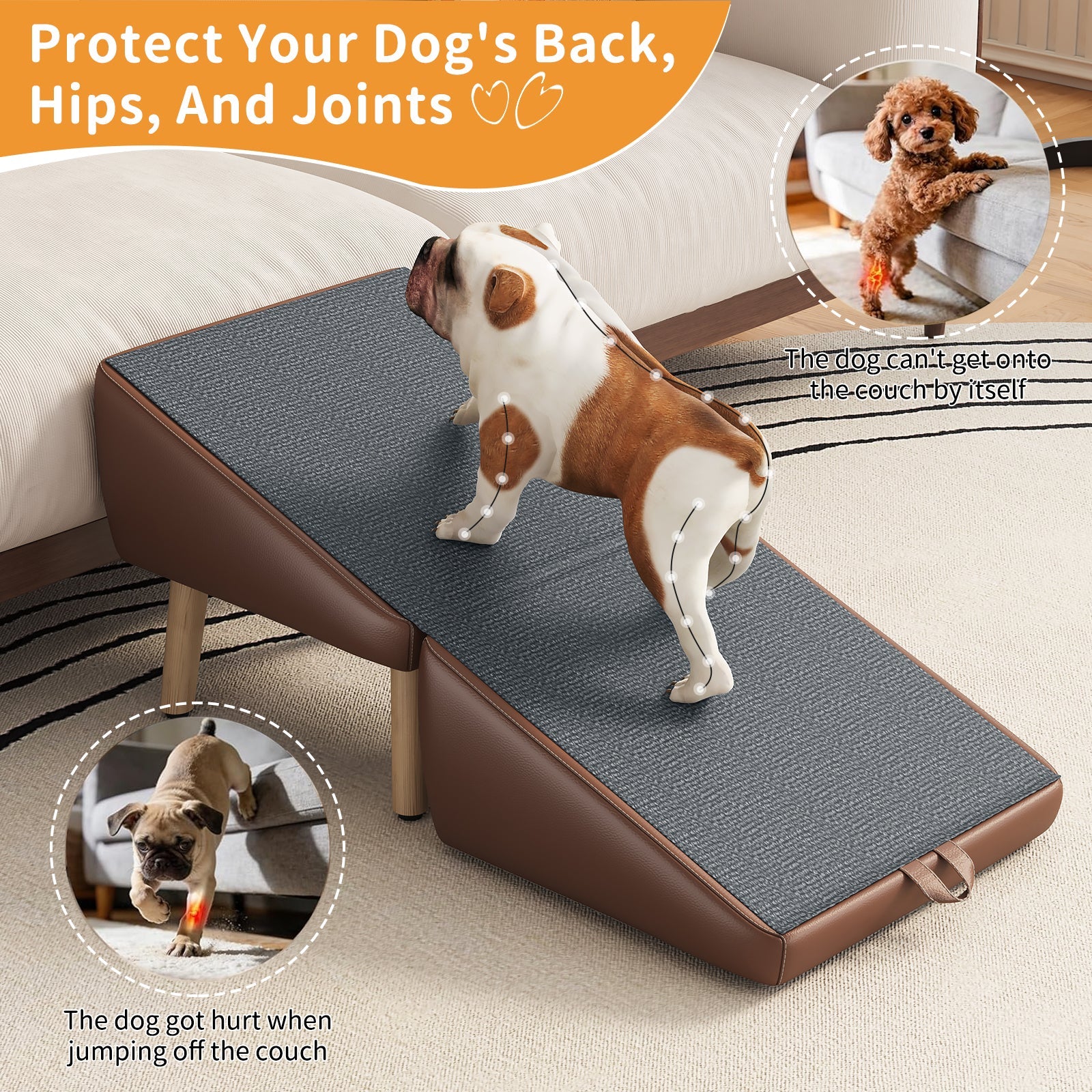 Foldable wooden dog stairs for small dogs and cats with brown frame and grey surface on Tampa Home & Garden Store