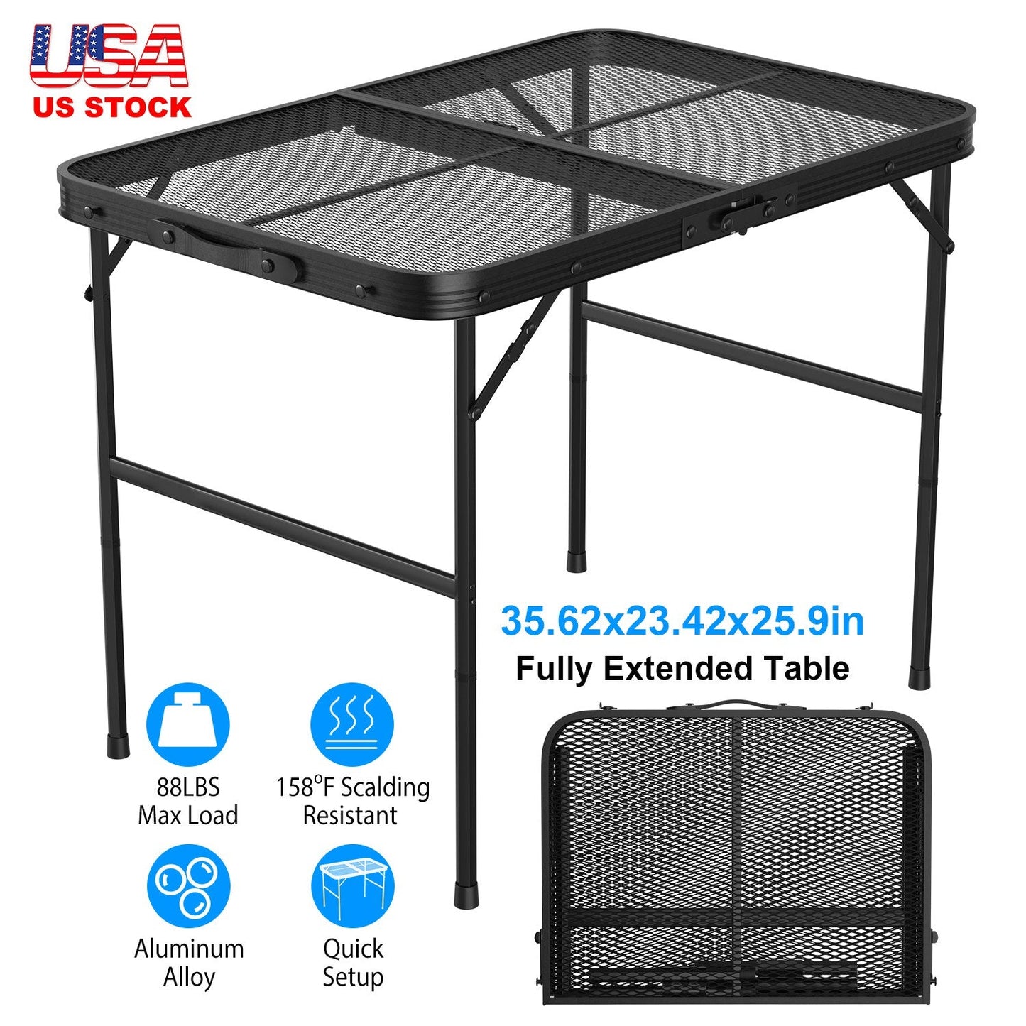 GemGear foldable camping table, black aluminum alloy frame with mesh top, 88LBS max load on Tampa Home & Garden Store