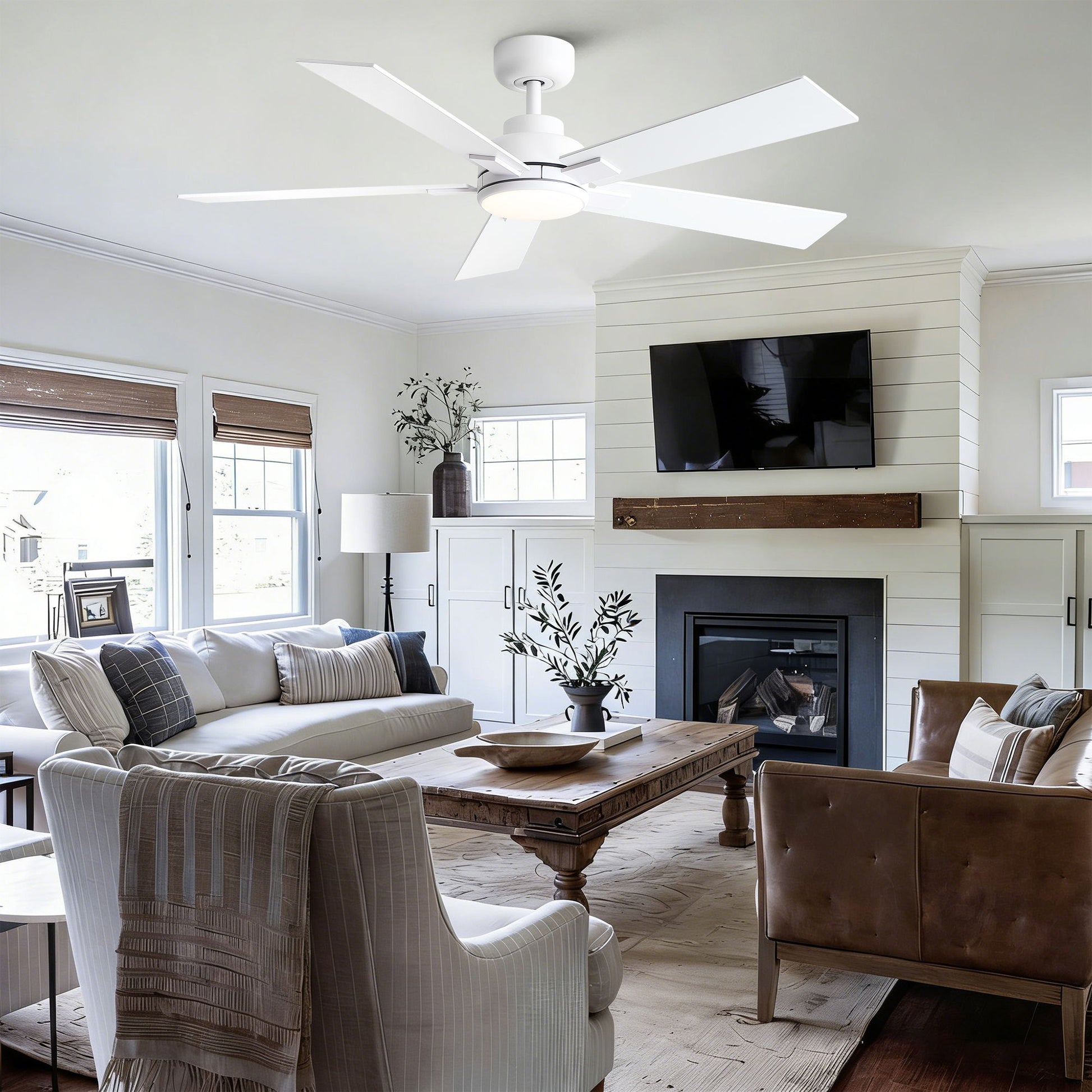 Reversible motor integrated LED dimmable ceiling fan with light, white finish on Tampa Home & Garden Store