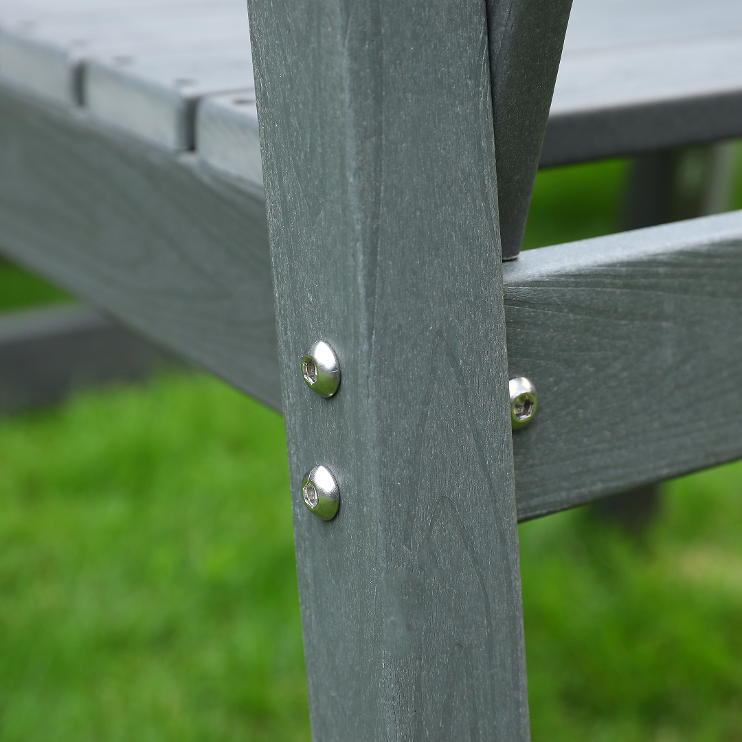 HDPE outdoor patio dining set leg detail in gray wood-grain finish with stainless screws HouseOfZazla on Tampa Home & Garden Store