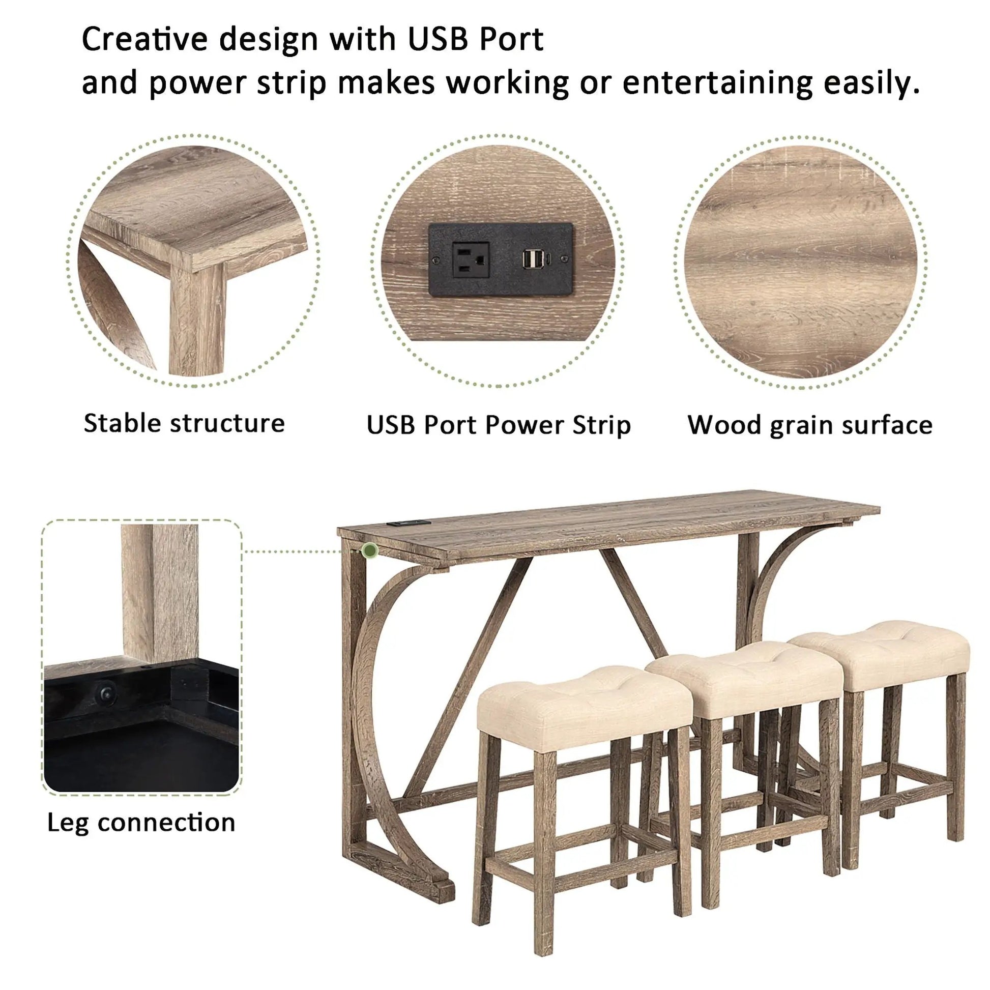 Bar table set with 3 padded stools in a rustic wood finish by Unique Piece Furniture on Tampa Home & Garden Store