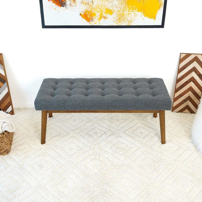 Modern gray velvet upholstered bench with tufted top and wooden legs HouseOfZazla on Tampa Home & Garden Store