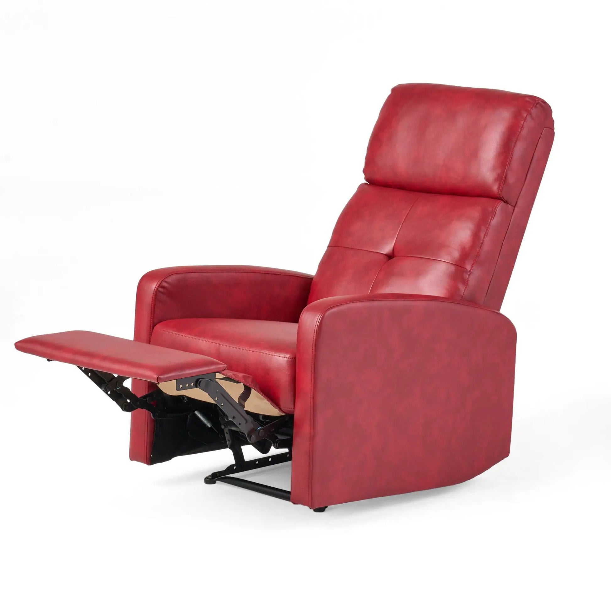 Contemporary red leather recliner with push-back footrest and exposed metal frame on Tampa Home & Garden Store