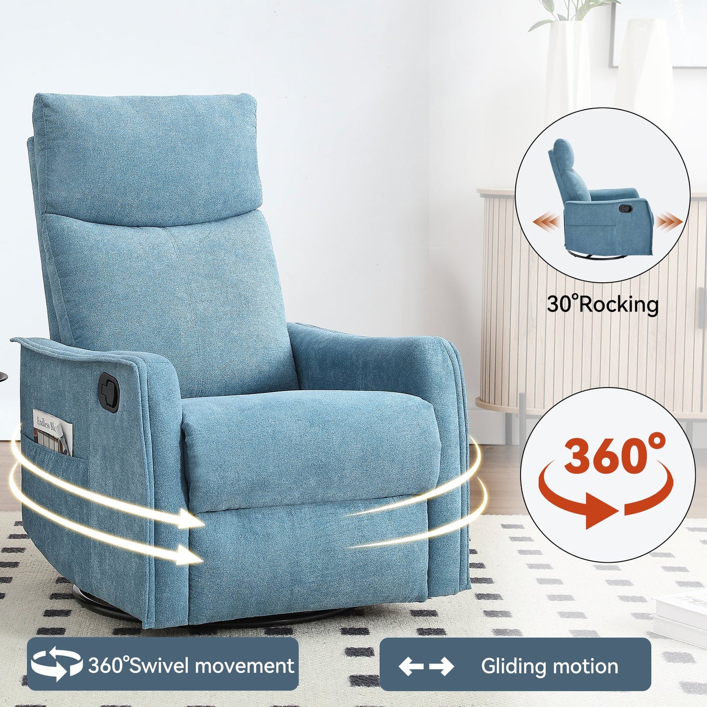 Heat massage recliner chair in blue fabric with rocker and 360° swivel by HouseOfZazla on Tampa Home & Garden Store