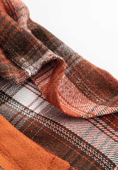 Plaid button-up long sleeve jacket in brown orange plaid, soft brushed fabric Stevvex outerwear on Tampa Home & Garden Store