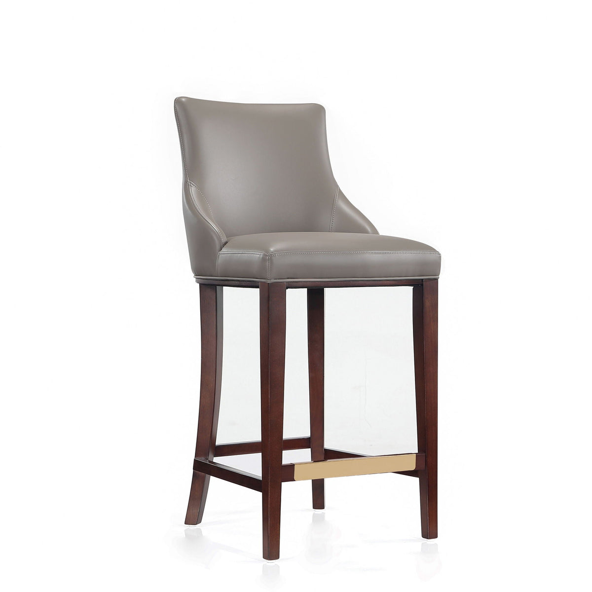 Shubert Barstool taupe leather seat with dark wood legs and gold footrest, bar height 28-30 on Tampa Home & Garden Store
