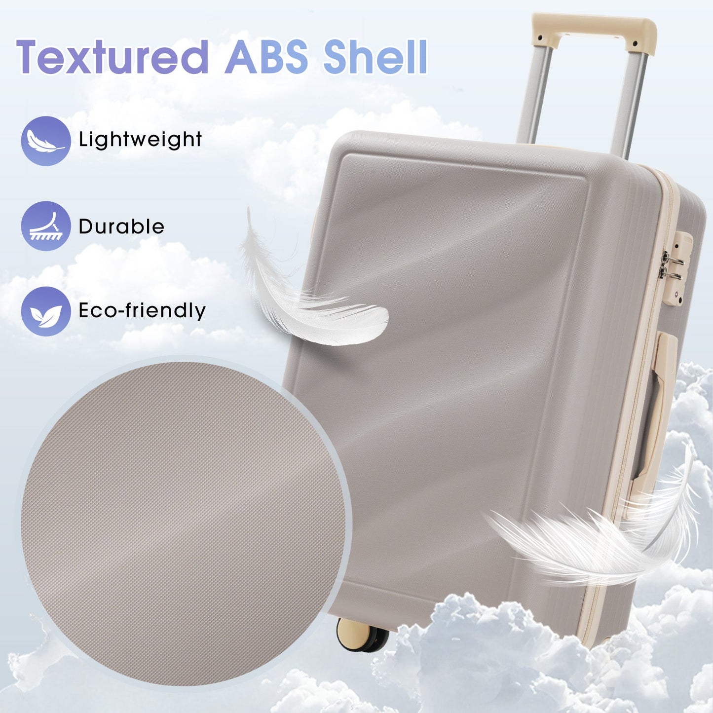 HouseOfZazla 3 Piece Lightweight ABS Luggage Set textured beige hard case with wheels on Tampa Home & Garden Store