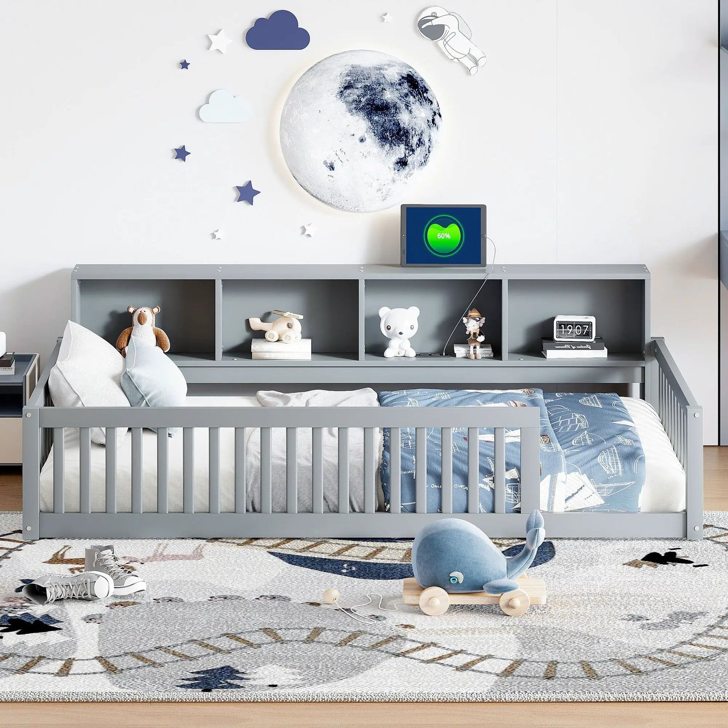 Twin Floor Bed With Storage Cabinets and USB Gray