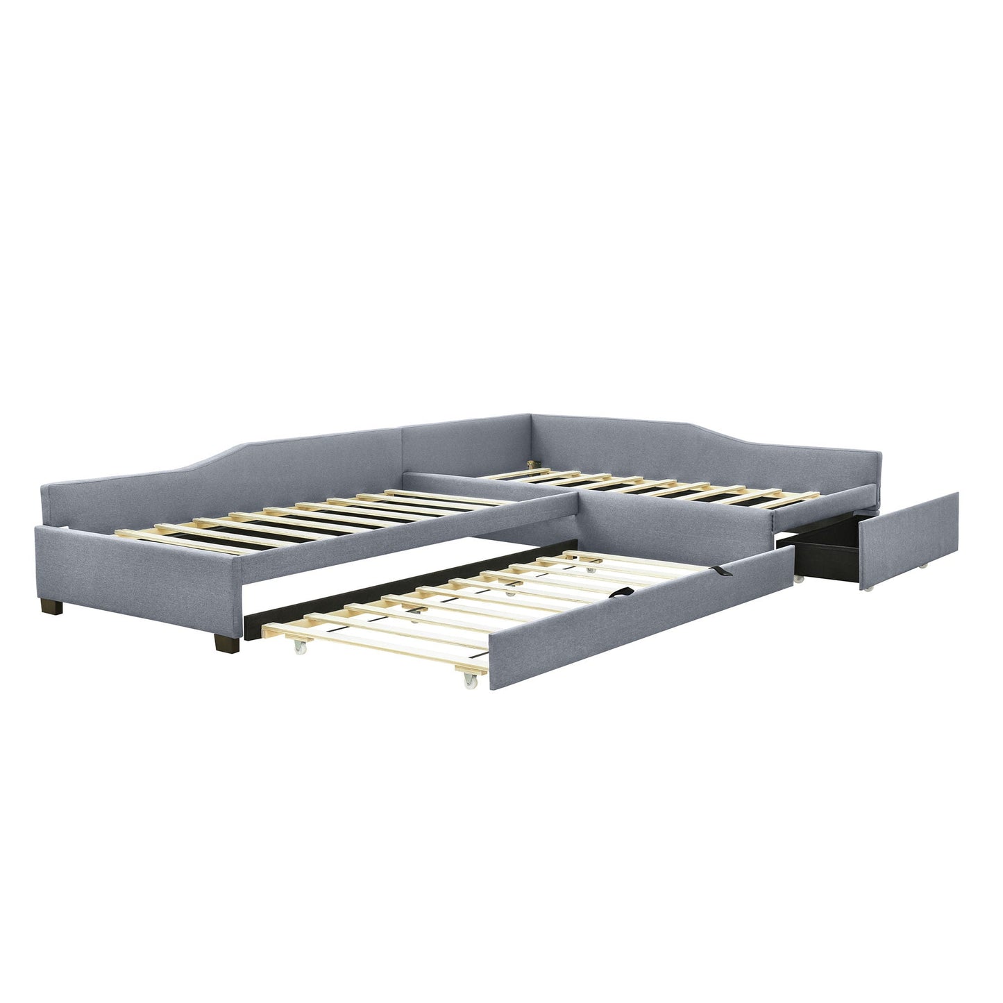 HouseOfZazla upholstered gray double daybed with trundle and drawer, wood slat base on Tampa Home & Garden Store