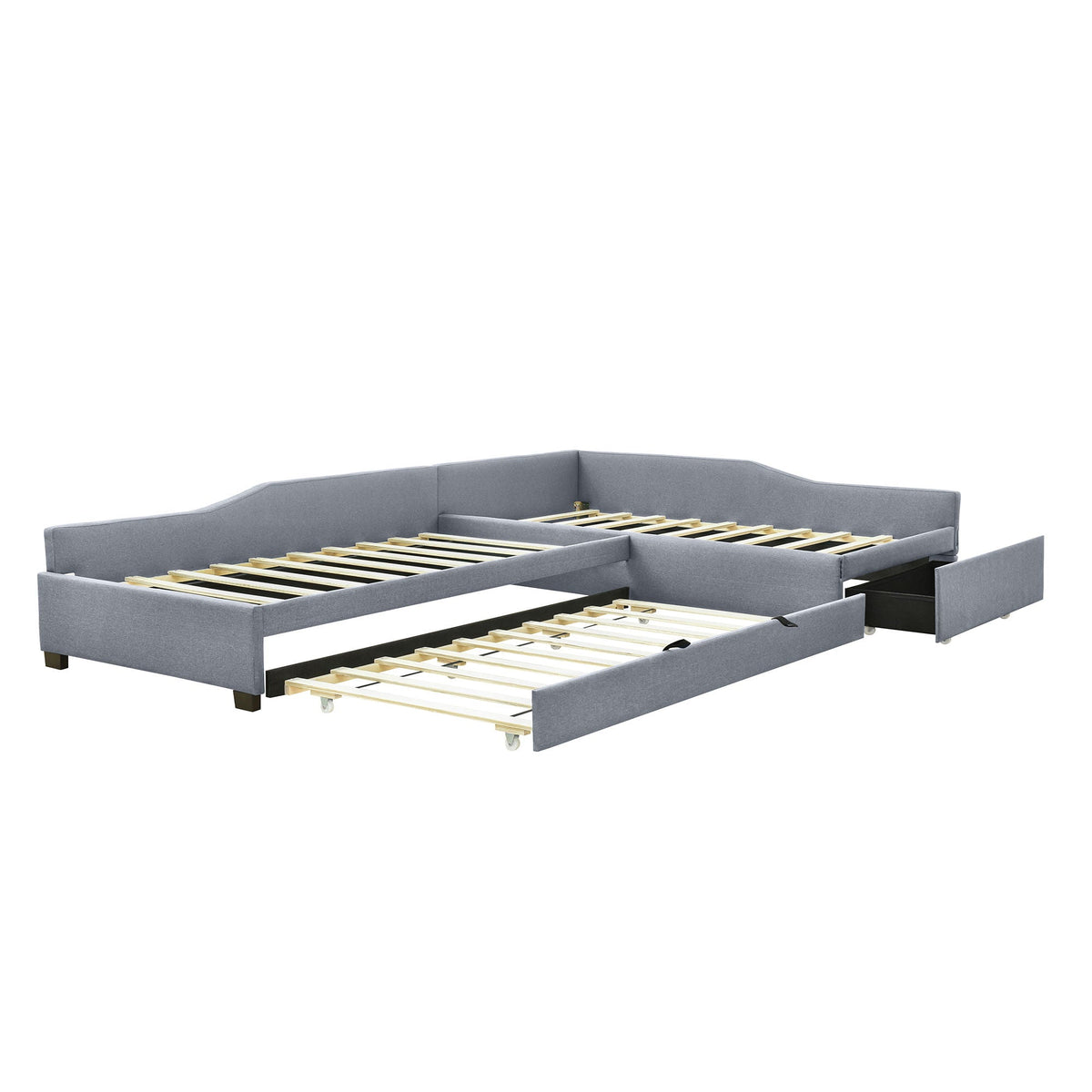 HouseOfZazla upholstered gray double daybed with trundle and drawer, wood slat base on Tampa Home & Garden Store