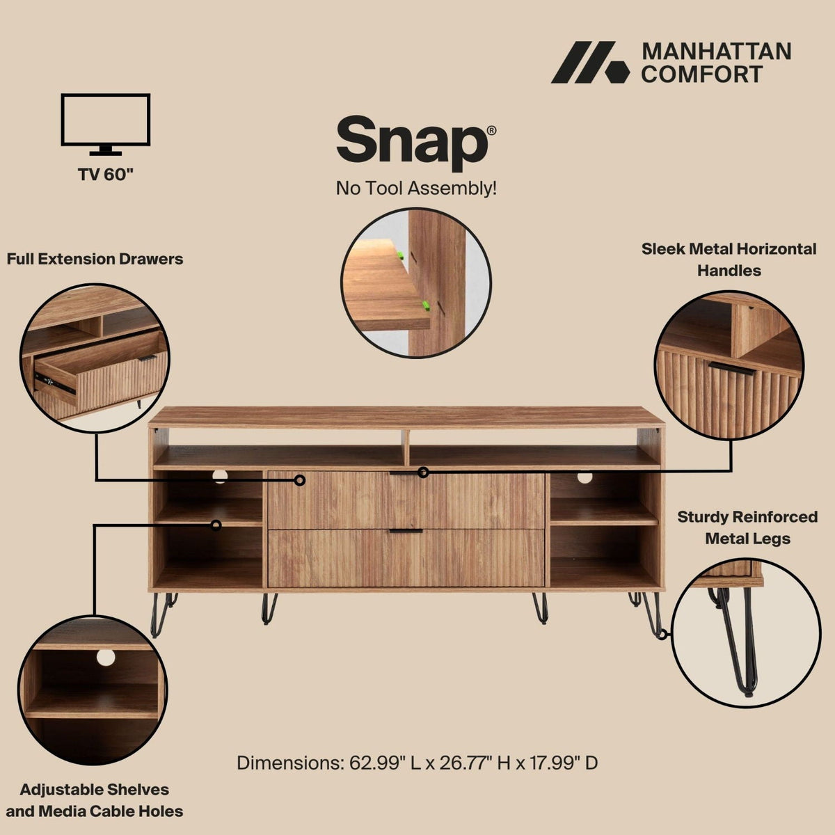 Fluted TV Stand with Storage and Full-Extension Drawers in wood finish by HouseOfZazla on Tampa Home & Garden Store