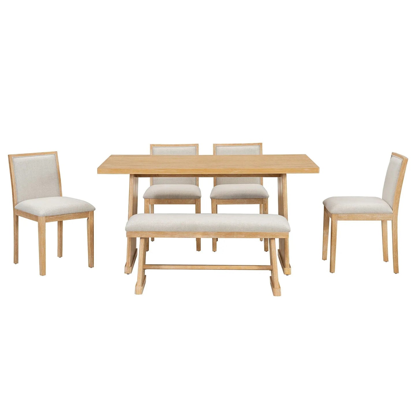 Dining set with rectangular oak table, four beige upholstered chairs and a padded bench on Tampa Home & Garden Store