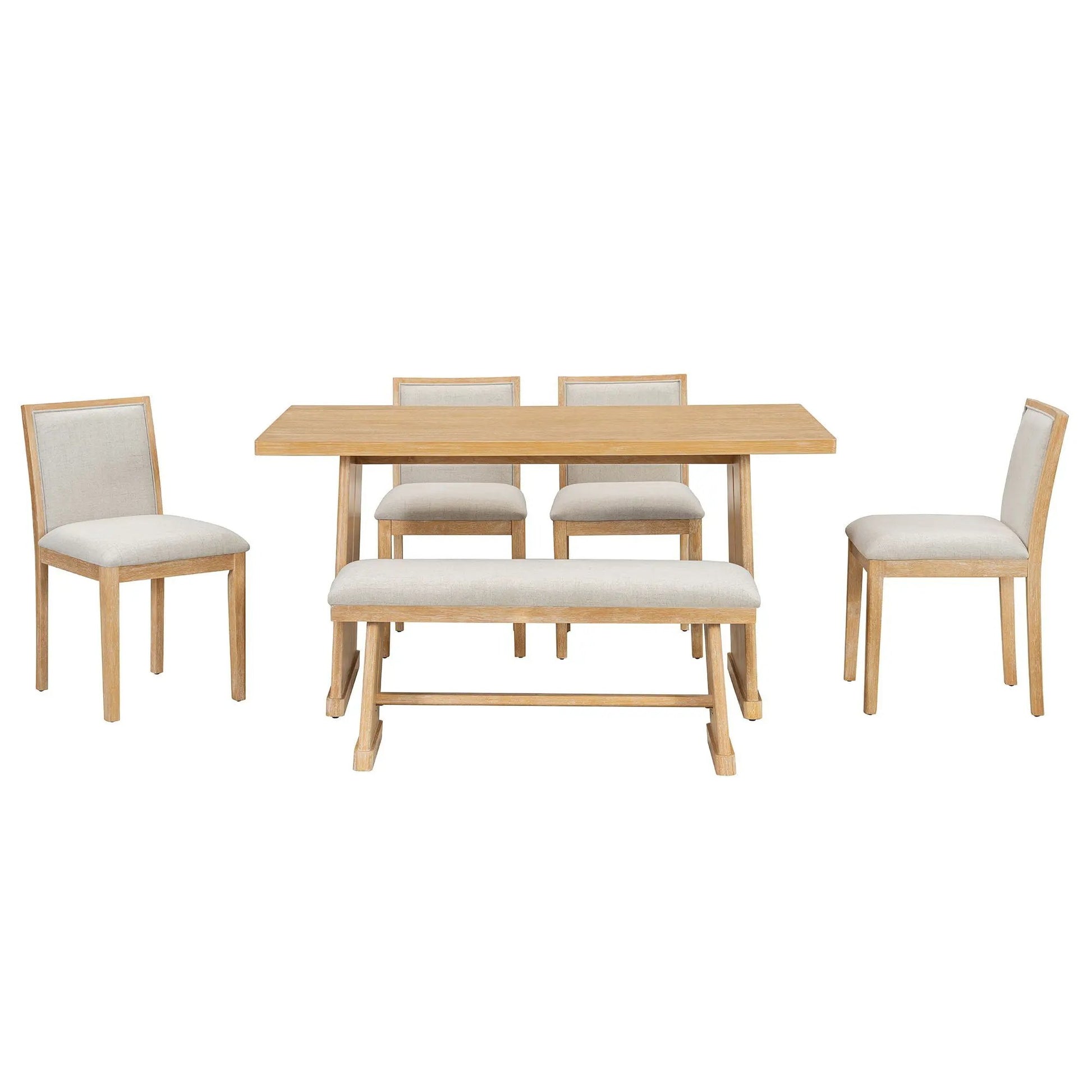 Dining set with rectangular oak table, four beige upholstered chairs and a padded bench on Tampa Home & Garden Store