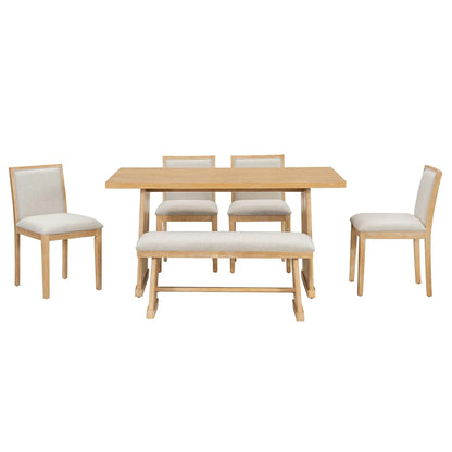 Dining set with rectangular oak table, four beige upholstered chairs and a padded bench on Tampa Home & Garden Store