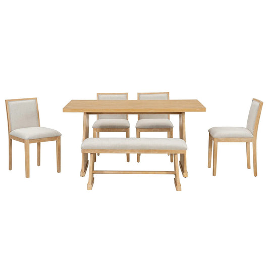 Dining set with rectangular oak table, four beige upholstered chairs and a padded bench on Tampa Home & Garden Store
