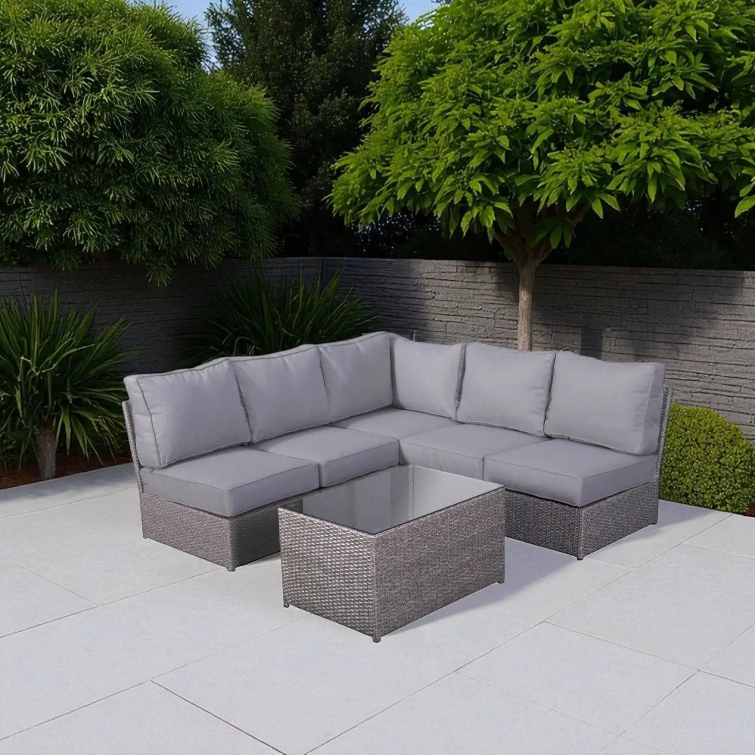 Comfortable Modern Patio Rattan Sectional Set With Cushions in gray wicker and glass-top coffee table on Tampa Home & Garden Store