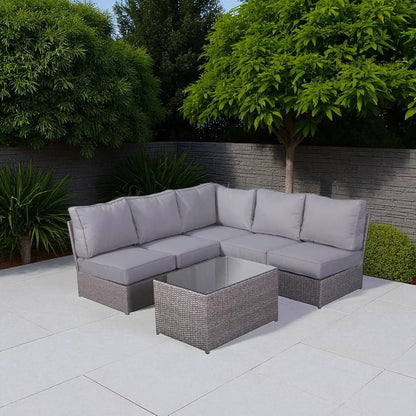 Comfortable Modern Patio Rattan Sectional Set With Cushions in gray wicker and glass-top coffee table on Tampa Home & Garden Store