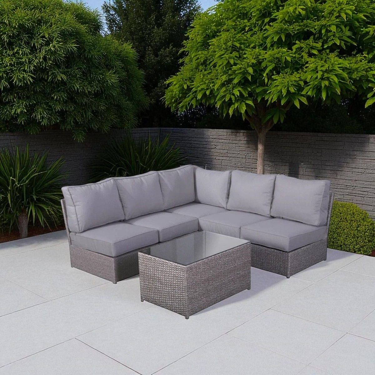 2-Piece outdoor rattan sectional sofa set HouseOfZazla with gray cushions and glass coffee table on Tampa Home & Garden Store