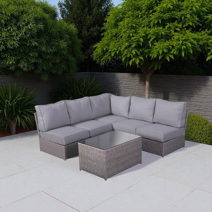 2-Piece outdoor rattan sectional sofa set HouseOfZazla with gray cushions and glass coffee table on Tampa Home & Garden Store
