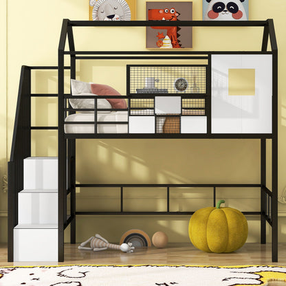Metal loft bed with roof, guardrails, storage box and ladder in black by HouseOfZazla on Tampa Home & Garden Store