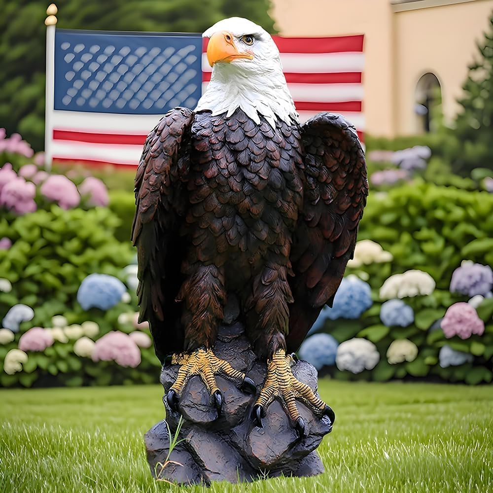 Large Bald Eagle Garden Statue 13 in H x 24.4 in L with rock base on Tampa Home & Garden Store