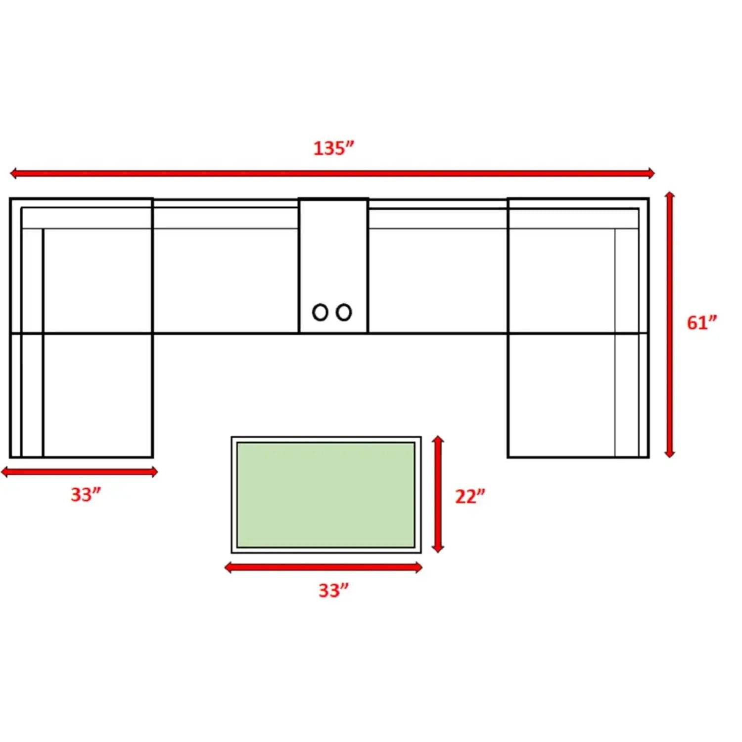 Stylish Modular Wicker Patio Seating Group, 4-Piece Outdoor Set by Unique Piece Furniture; top-down layout shows 135" long by 61" deep arrangement with 33" end modules and a 33" square centerpiece on Tampa Home & Garden Store