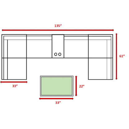 Stylish Modular Wicker Patio Seating Group, 4-Piece Outdoor Set by Unique Piece Furniture; top-down layout shows 135" long by 61" deep arrangement with 33" end modules and a 33" square centerpiece on Tampa Home & Garden Store