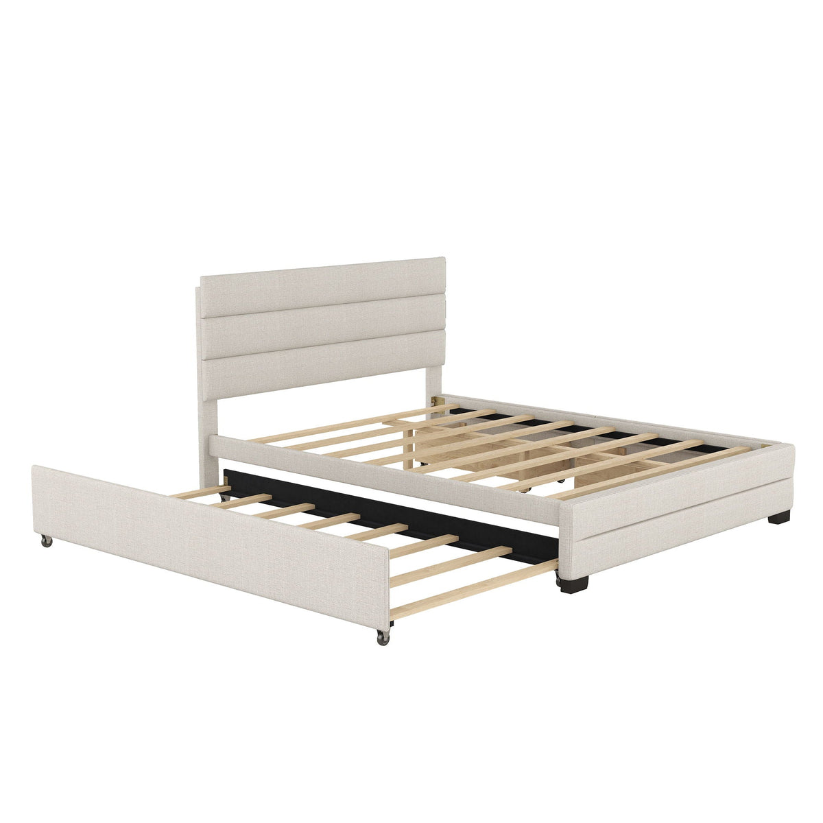 Beige queen platform bed with padded headboard, slatted base, twin trundle and drawers on Tampa Home & Garden Store