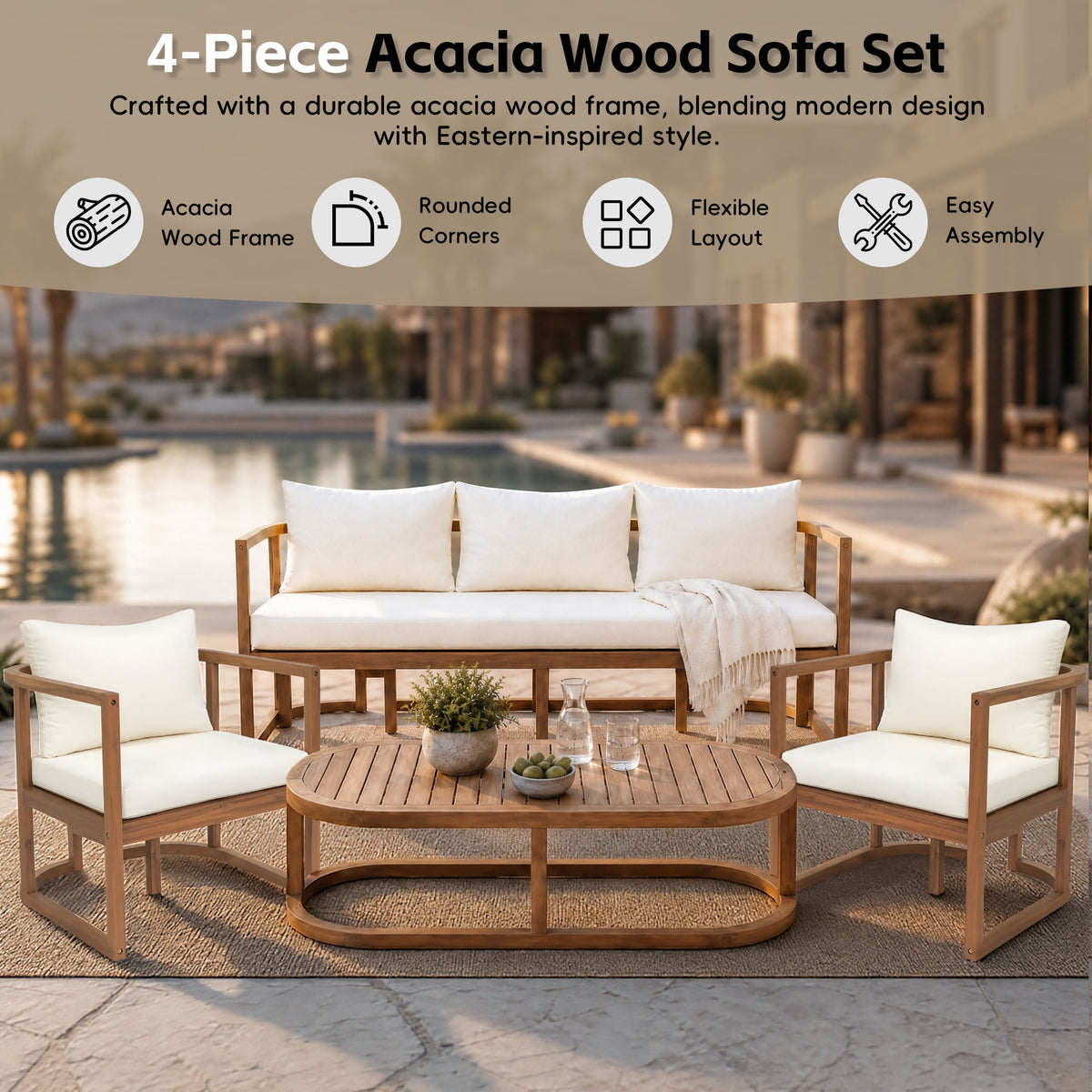 TOPMAX 4-Piece Modern Acacia Wood Patio Sofa Set with white cushions by HouseOfZazla on Tampa Home & Garden Store