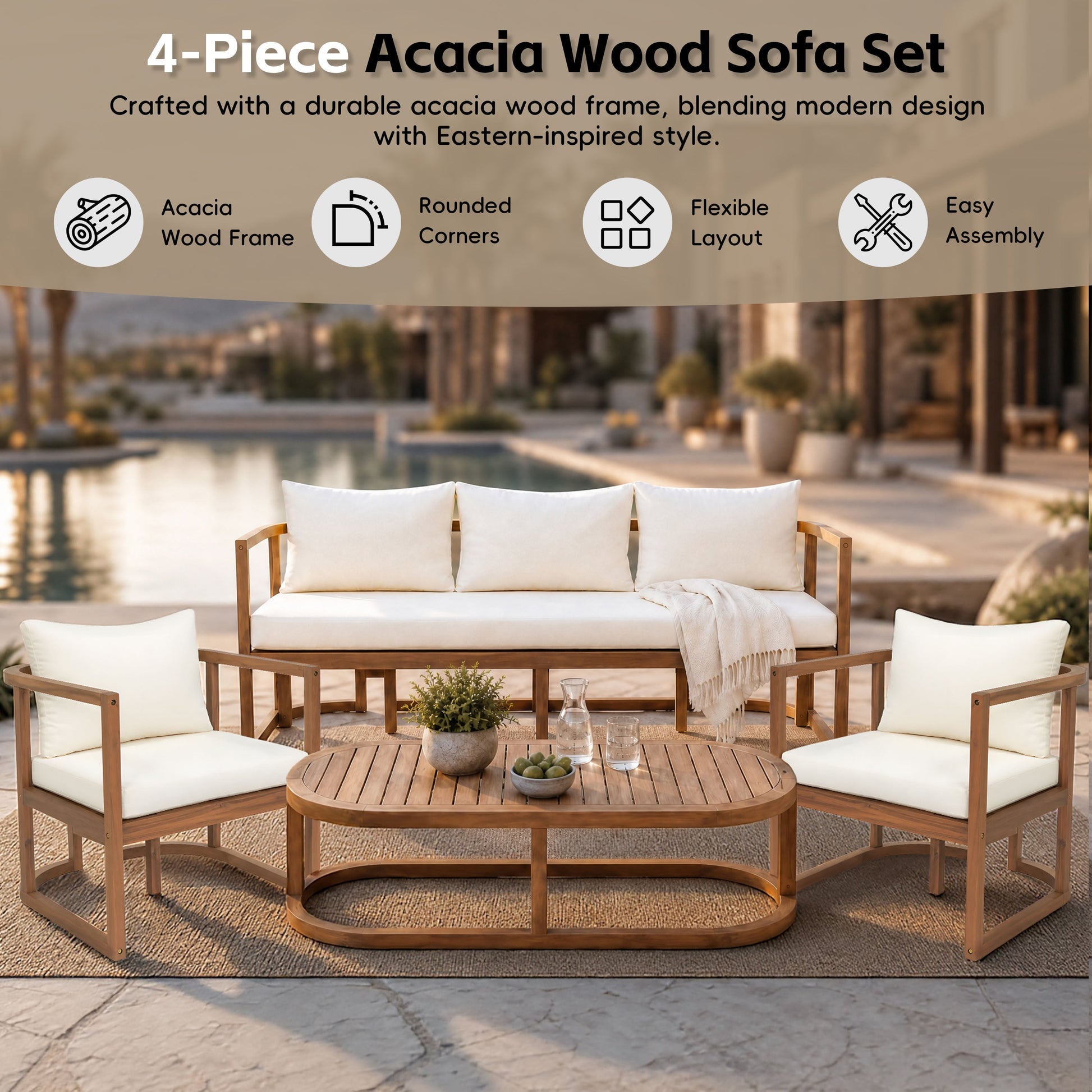 TOPMAX 4-Piece Modern Acacia Wood Patio Sofa Set with white cushions by HouseOfZazla on Tampa Home & Garden Store