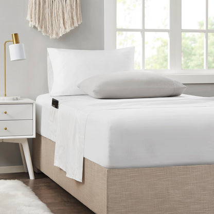 Comforter Set with Bed Sheets white bedding by HouseOfZazla on white bed with beige base on Tampa Home & Garden Store