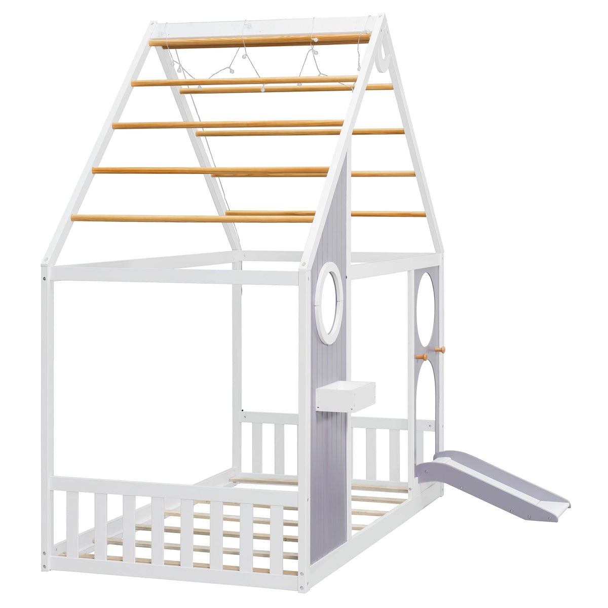 Twin House Bed with Slide and Light Strip, white frame with wood slats for kids on Tampa Home & Garden Store