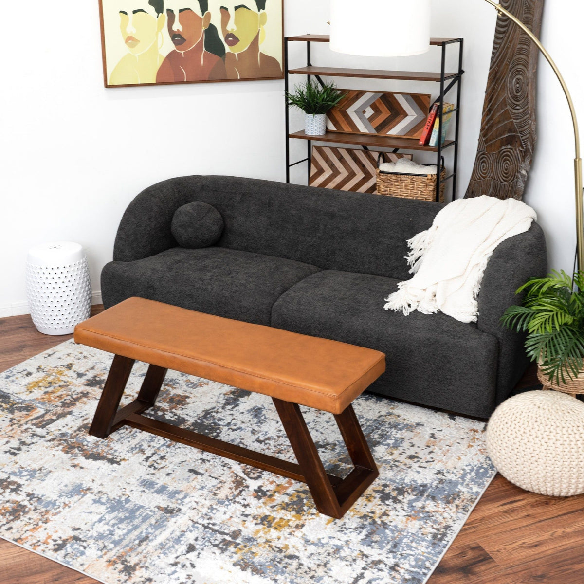 Light brown upholstered bench with hand stitching, genuine material, HouseOfZazla on Tampa Home & Garden Store