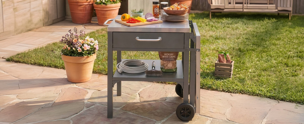 Outdoor Kitchen Cart Foldable Prep Station gray metal with wheels HouseOfZazla on Tampa Home & Garden Store