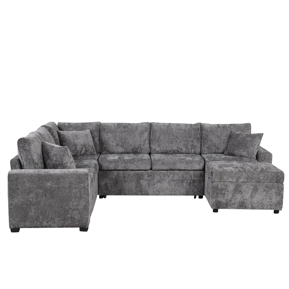 Gray textured sleeper sectional with storage ottoman and three decorative pillows on Tampa Home & Garden Store