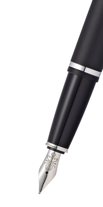 Calais Matte Black Medium Nib Fountain Pen by A.T. Cross, silver trim on Tampa Home & Garden Store