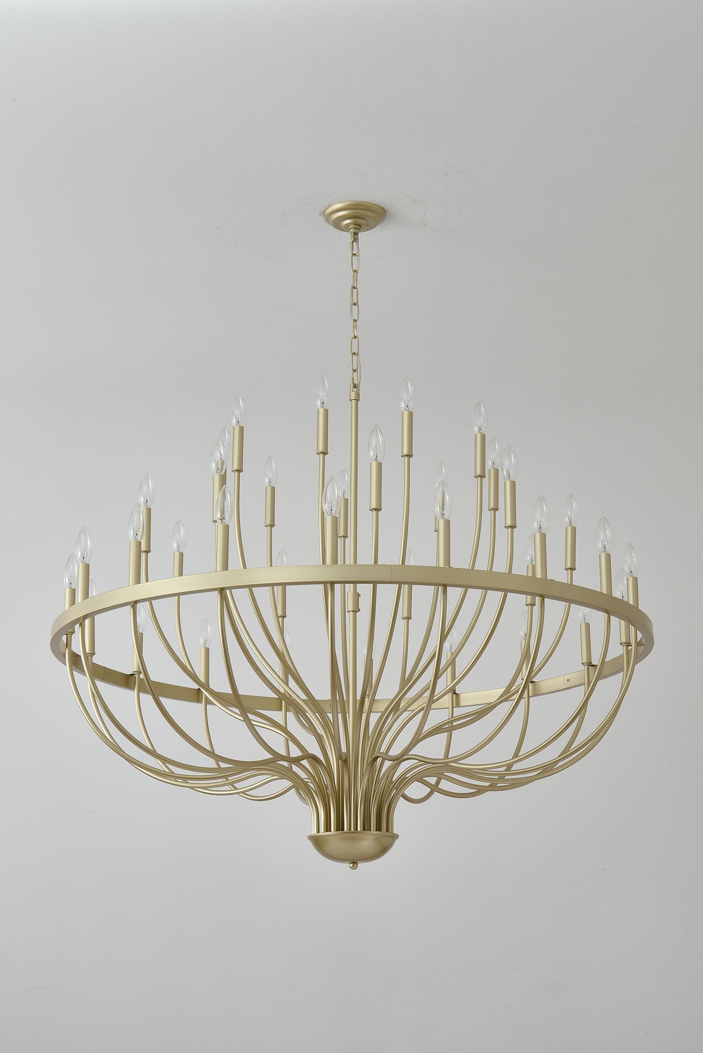 36-Light Gold Industrial Iron Candle Chandelier with curved arms and candle bulbs, ceiling-hung on Tampa Home & Garden Store