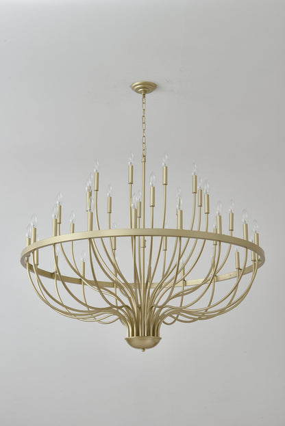 36-Light Gold Industrial Iron Candle Chandelier with curved arms and candle bulbs, ceiling-hung on Tampa Home & Garden Store