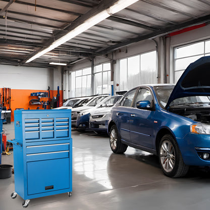 Blue 8-drawer rolling tool chest on casters in a bright workshop beside a blue car on Tampa Home & Garden Store