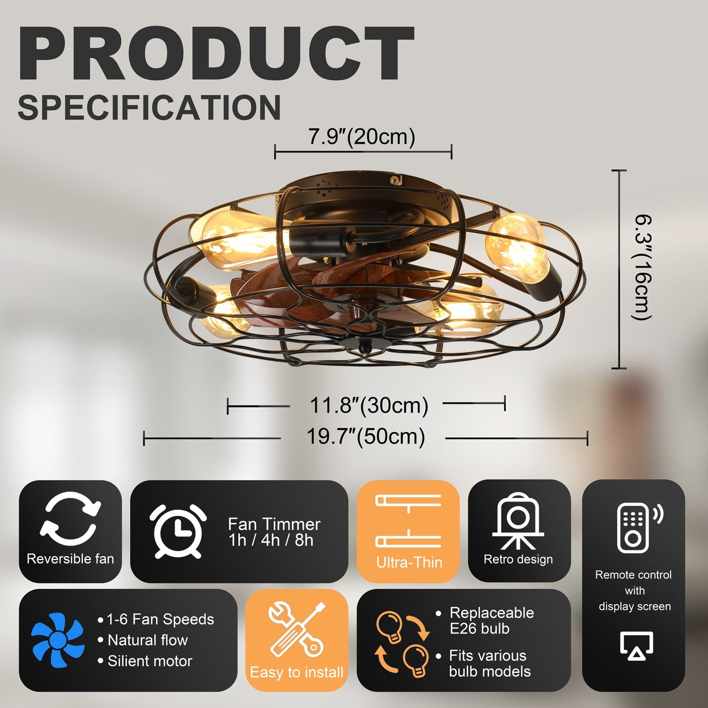 19.7in Industrial Caged Ceiling Fan with Light, black metal cage, wood blades, HouseOfZazla on Tampa Home & Garden Store