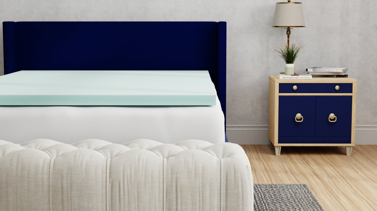 Omne Sleep Plush 3 Inch Twin XL memory foam cooling mattress topper mint green on a bed on Tampa Home & Garden Store