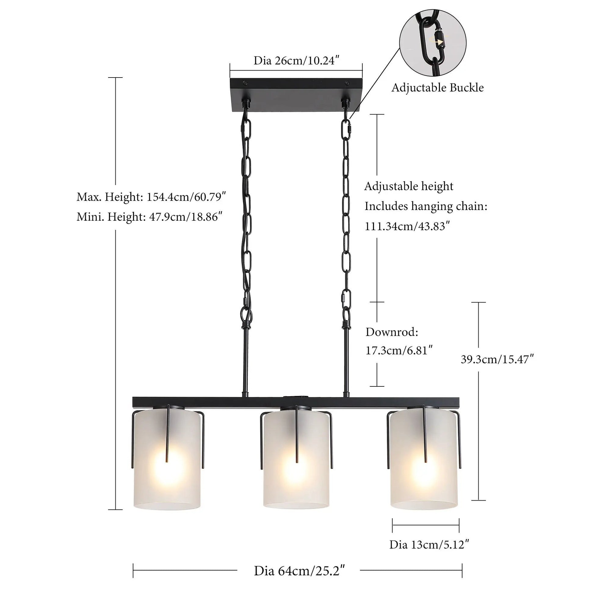 Adjustable Cylindrical Pendant Light black metal frame with three frosted glass shades Unique Piece Furniture on Tampa Home & Garden Store