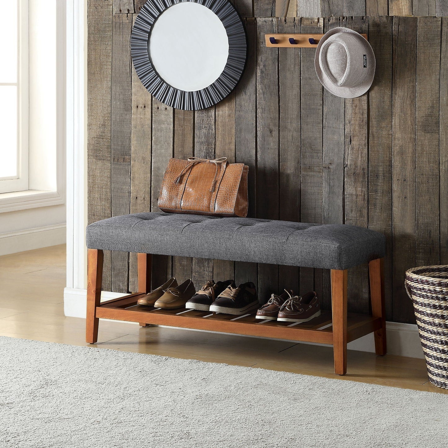 Charla Upholstered Bench gray fabric with natural wood legs in rustic entryway HouseOfZazla on Tampa Home & Garden Store