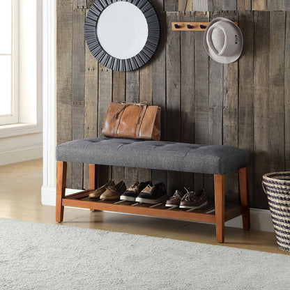 Charla Upholstered Bench gray fabric with natural wood legs in rustic entryway HouseOfZazla on Tampa Home & Garden Store