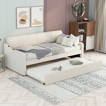 Upholstered daybed with pull-out trundle in beige fabric, modern living room on Tampa Home & Garden Store