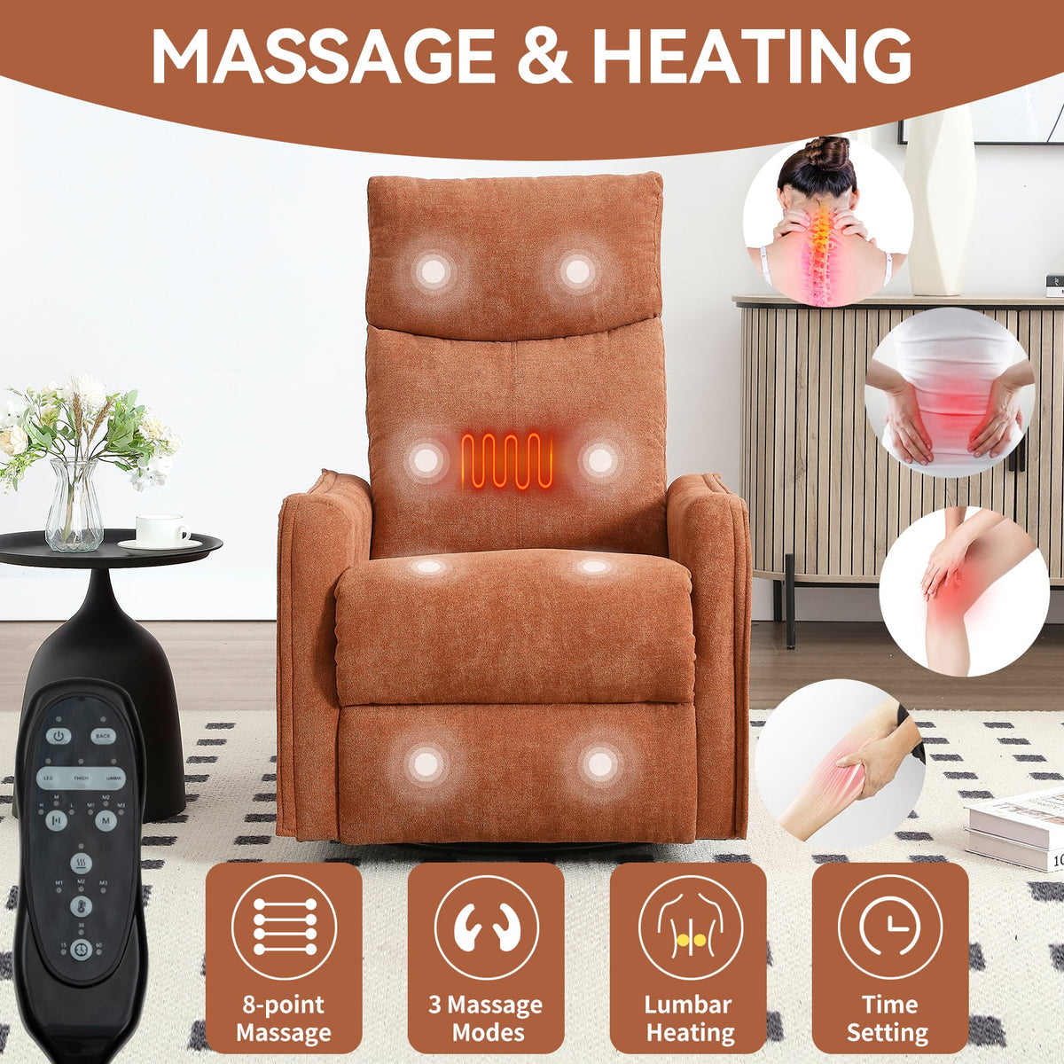 Heat Massage Manual Recliner Chair with Rocker by HouseOfZazla in brown fabric and lumbar heat on Tampa Home & Garden Store